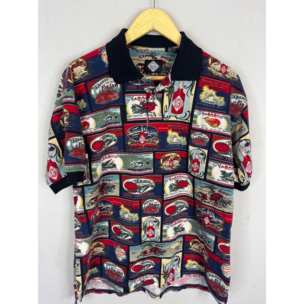Tabasco‎ Brand Sportswear Mens Western All Over Print Vintage Label Polo Shirt M